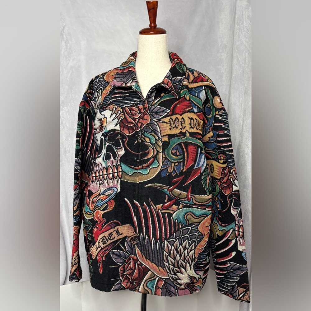 Rebel Vengeance Tapestry Jacket L - Tattoo Art Skull Eagle Rose Custom Buttons